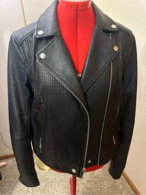 Women's Black Perforated Faux Leather Moto Jacket